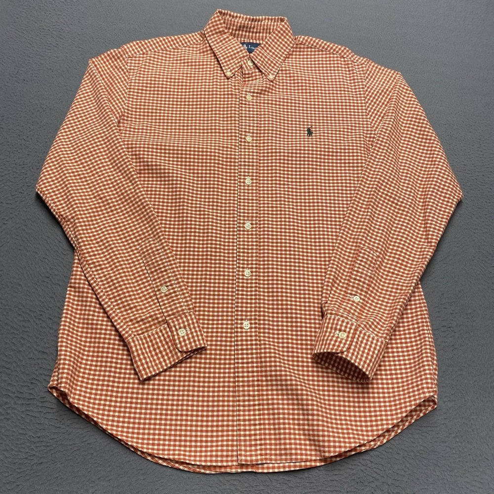 Ralph Lauren Shirt Mens Medium Orange Check Custom Fit Button Down Pony Logo